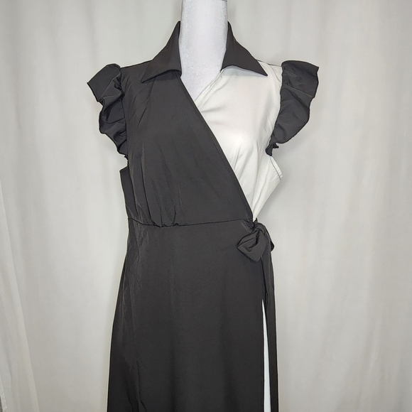 Skue Curve Sz 1XL Black & White Ruffle Sleeve Collar Neck Wrap Dress Tie Waist - Picture 2 of 16